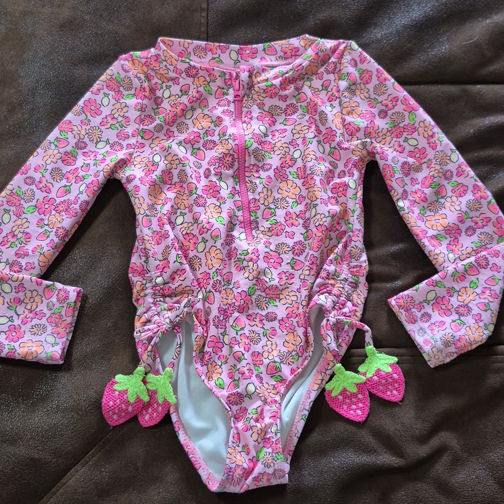 Nicole Miller Pink Strawberry Zip One-Piece with Aqua Floral Rash Guard Set, 2pc - Picture 5 of 10